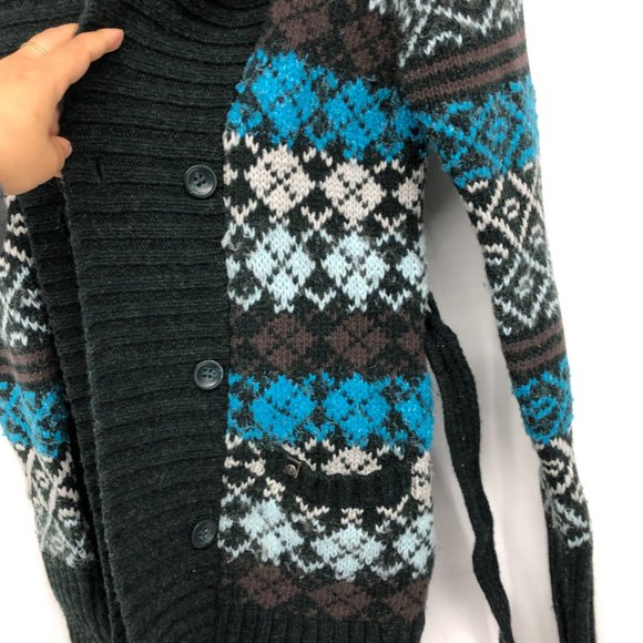 Peak Performance Blue Grey Multicolor Argyle Sweater Cardigan waist tie size M - Picture 6 of 16